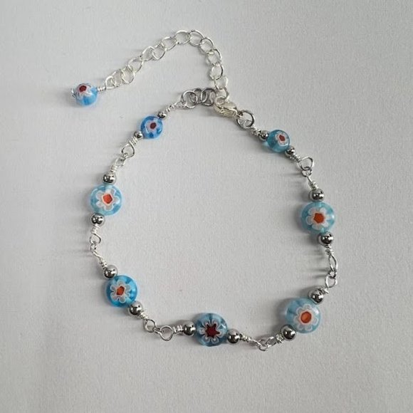 Handmade Millefiori Glass Bracelet Set with Lobster Clasp Silver. Blue Red - Picture 7 of 7